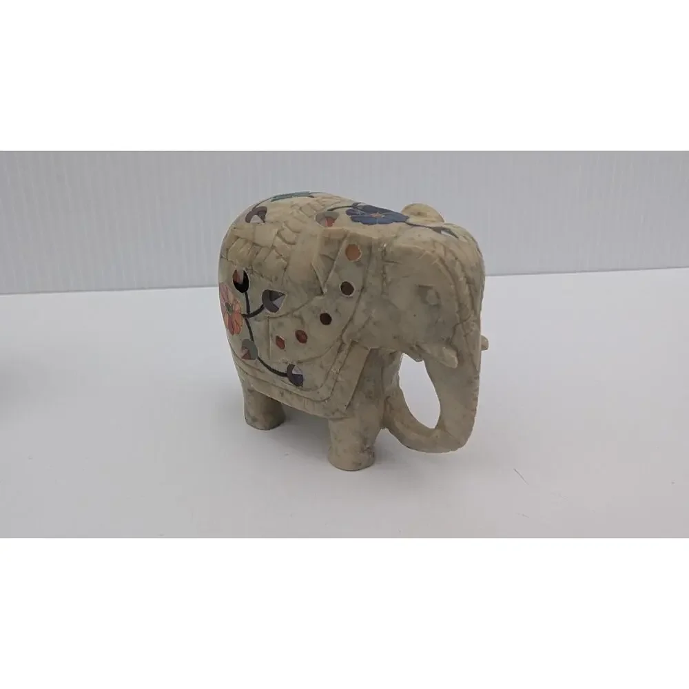 Set of 3 Inlaid Stone Marble (?) Elephants Floral Figurine Lot
